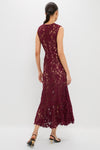 Woman wearing the Burgundy Guipure Lace Midi Dress, a classic, high-end sleeveless lace dress with a fitted waist, embodying effortless elegance and fun style.