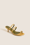 Gold Modia Sandals: Classic metallic gold sandal with a kitten heel, featuring effortless toe and foot straps for a fun, high-end finish. Perfect for elevating any outfit.