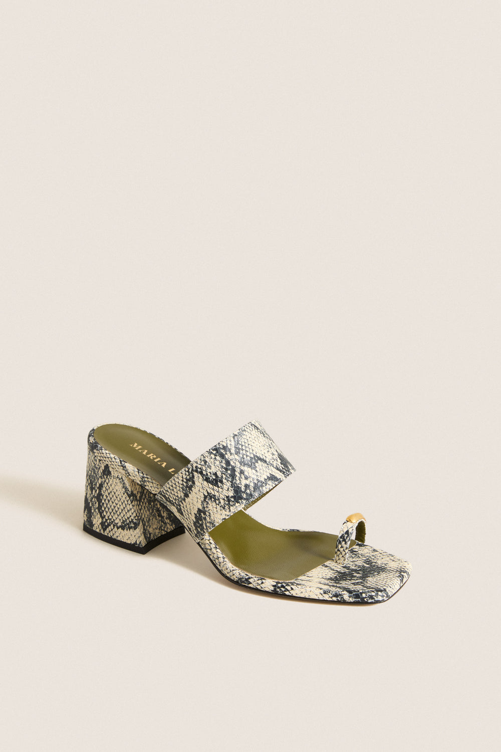 Natural Snake Olipmia Block Heel Mules feature a classic snakeskin pattern, wide arch strap, and gold-accented toe loop for an effortless, fun, and high-end look.