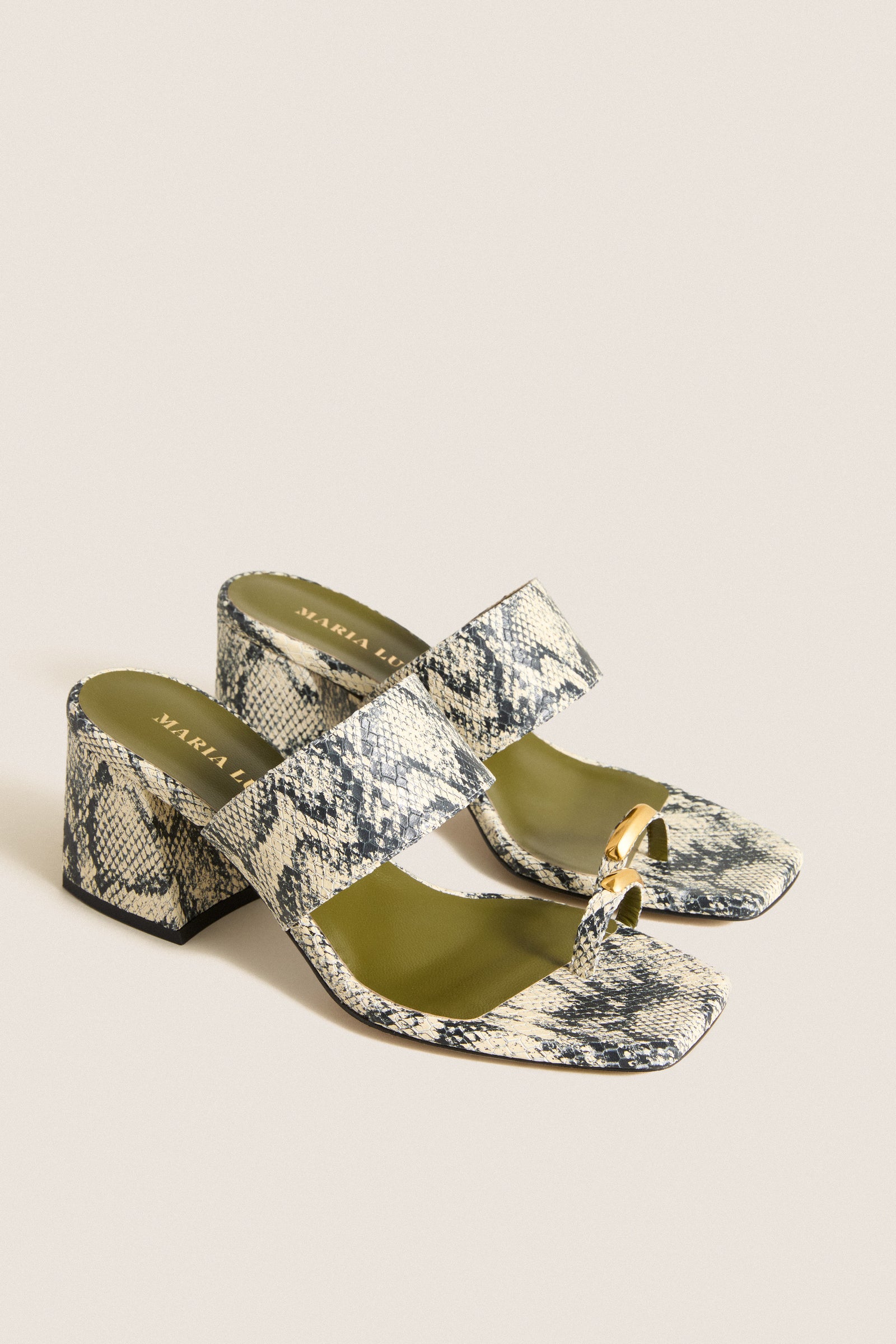Natural Snake Olympia Block Heel Mules: Classic open-toe sandals with effortless snakeskin texture, featuring a fun gold-accented toe loop and high-end block heel for versatile style.