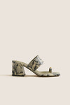 Natural Snake Olympia Block Heel Mules: A classic, effortless mule with a snakeskin-print, sleek block heel, and gold hardware toe loop, perfect for fun, high-end styling.