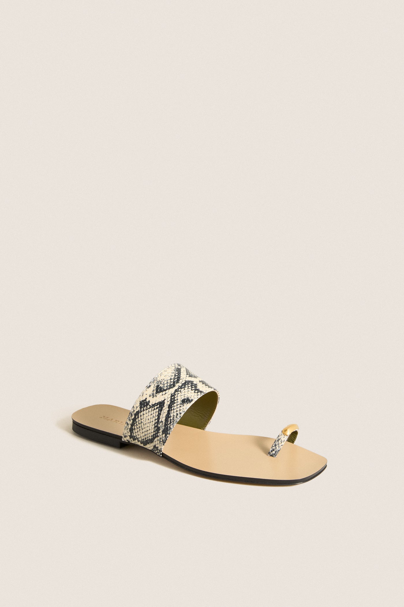Natural Snake Oleandrea Capri Flat Sandals: Classic, high-end snake-print leather slide with a gold-accented toe loop and minimalist design, offering effortless style and fun sophistication.