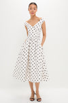 Classic Cream Polka Dot Cotton Midi Dress; effortlessly fun with off-shoulder style, flared A-line skirt, and fitted bodice. Perfect for high-end events with strappy sandals.