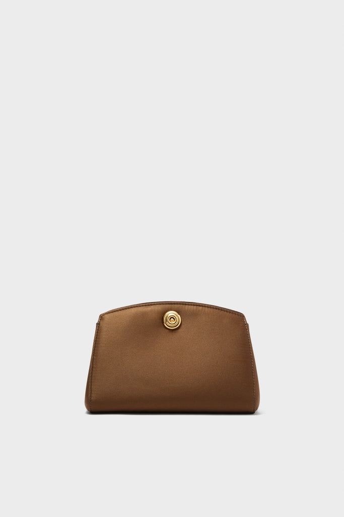 Brown Satin Pushlock Clutch: A classic, trapezoidal pouch in smooth leather with a gold-tone clasp, offering an effortless, high-end accessory for any fun, stylish occasion.