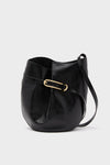 Black Glossy Belted Bucket Bag with a classic, effortless silhouette, featuring a cinched design, long adjustable strap, and fun, high-end gold-tone buckle detail.