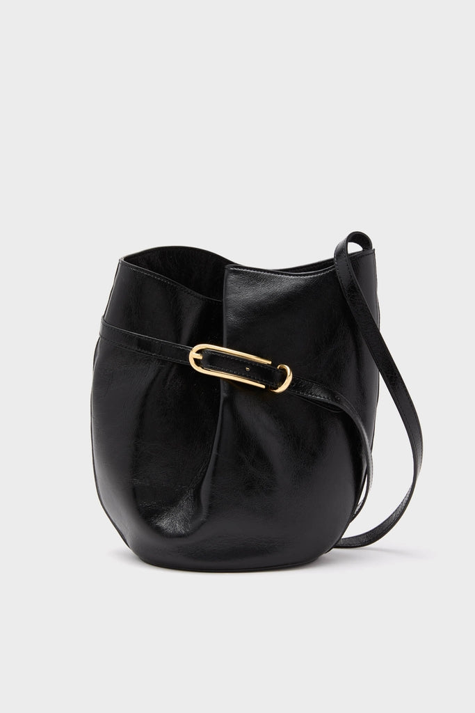 Black Glossy Belted Bucket Bag with a classic, effortless silhouette, featuring a cinched design, long adjustable strap, and fun, high-end gold-tone buckle detail.
