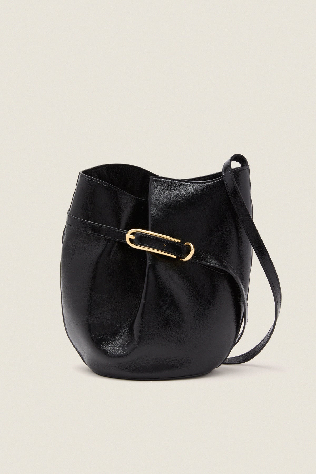 Black Glossy Belted Bucket Bag