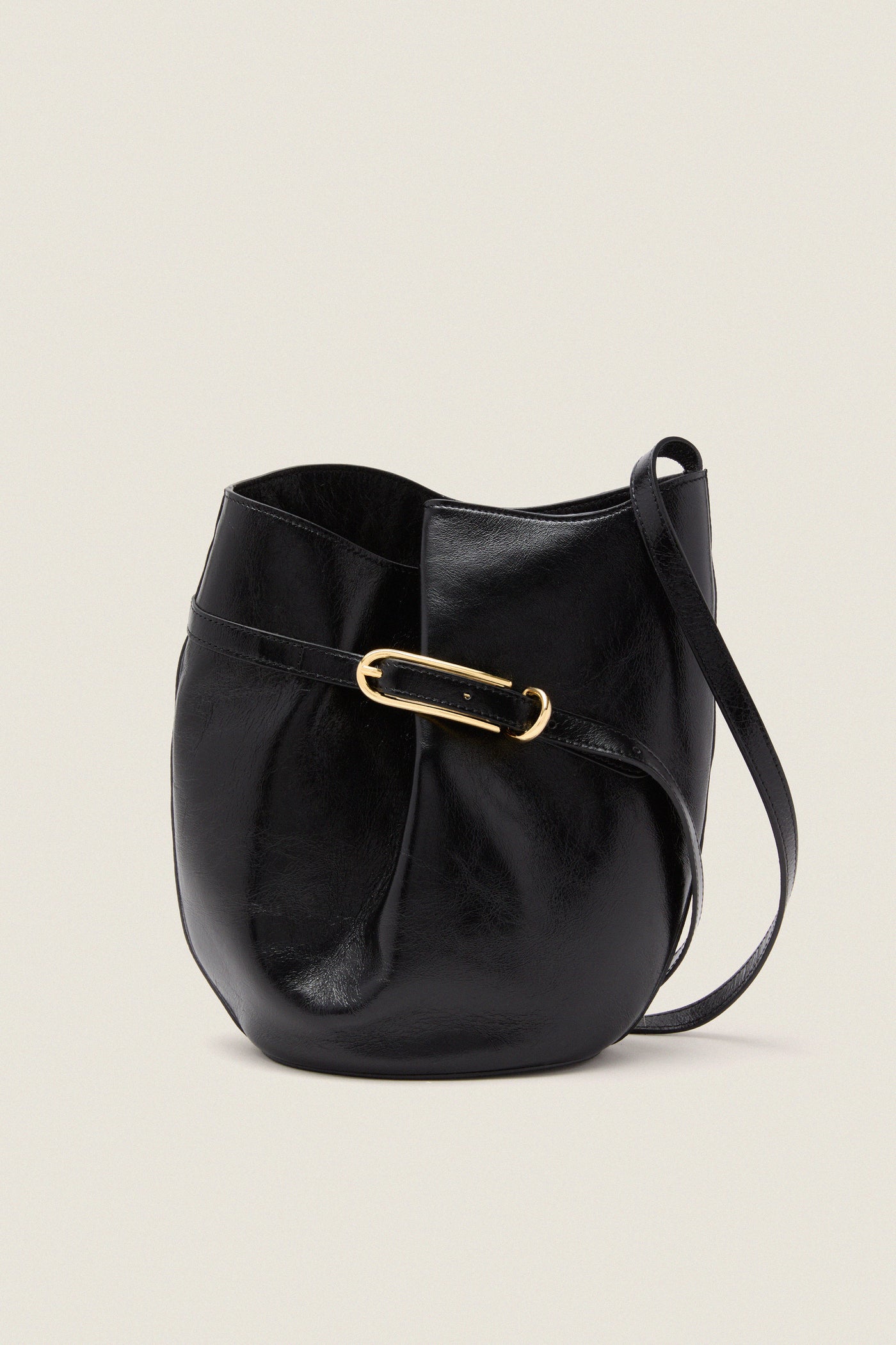 Black Glossy Belted Bucket Bag