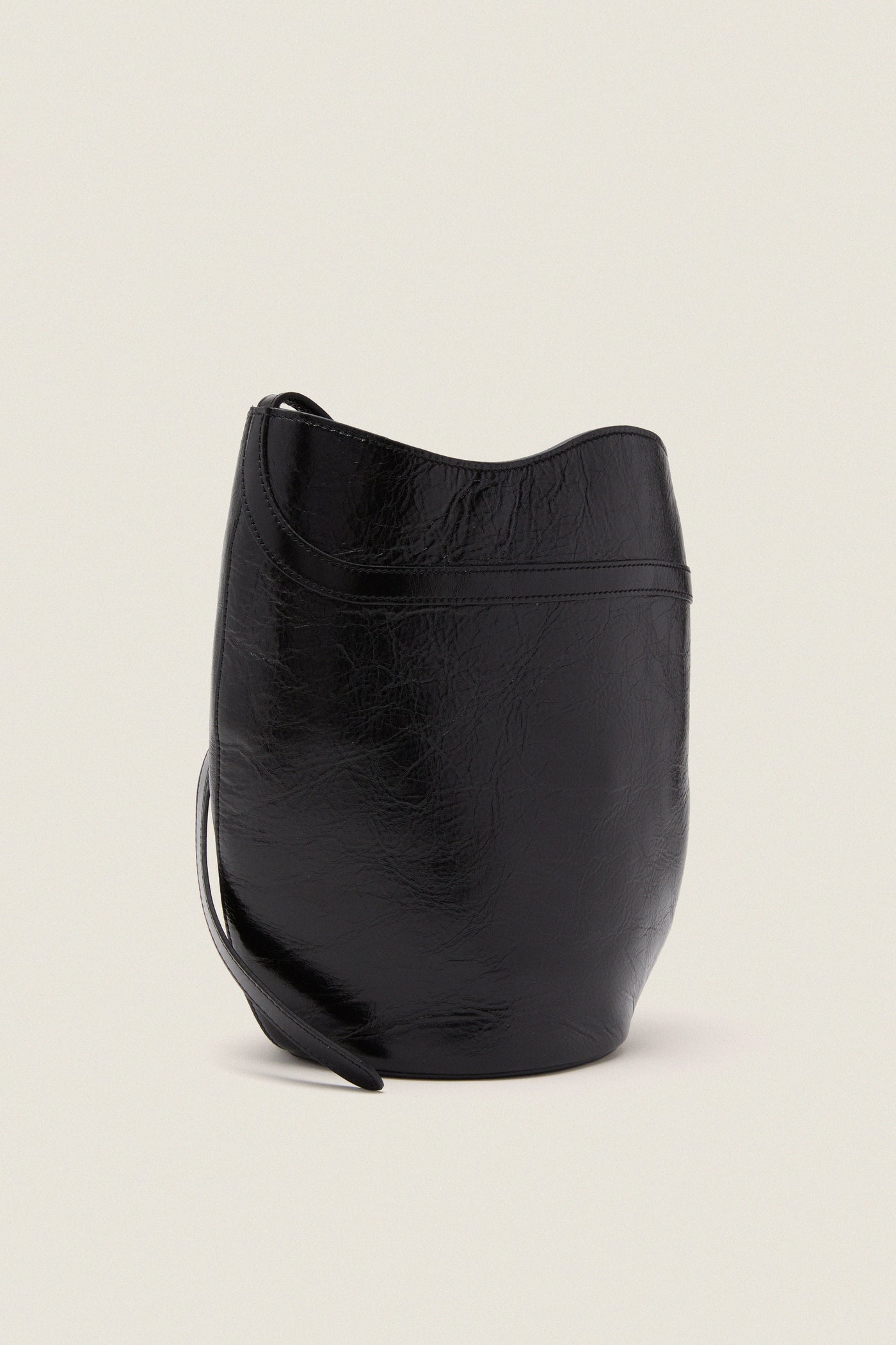 Black Glossy Belted Bucket Bag