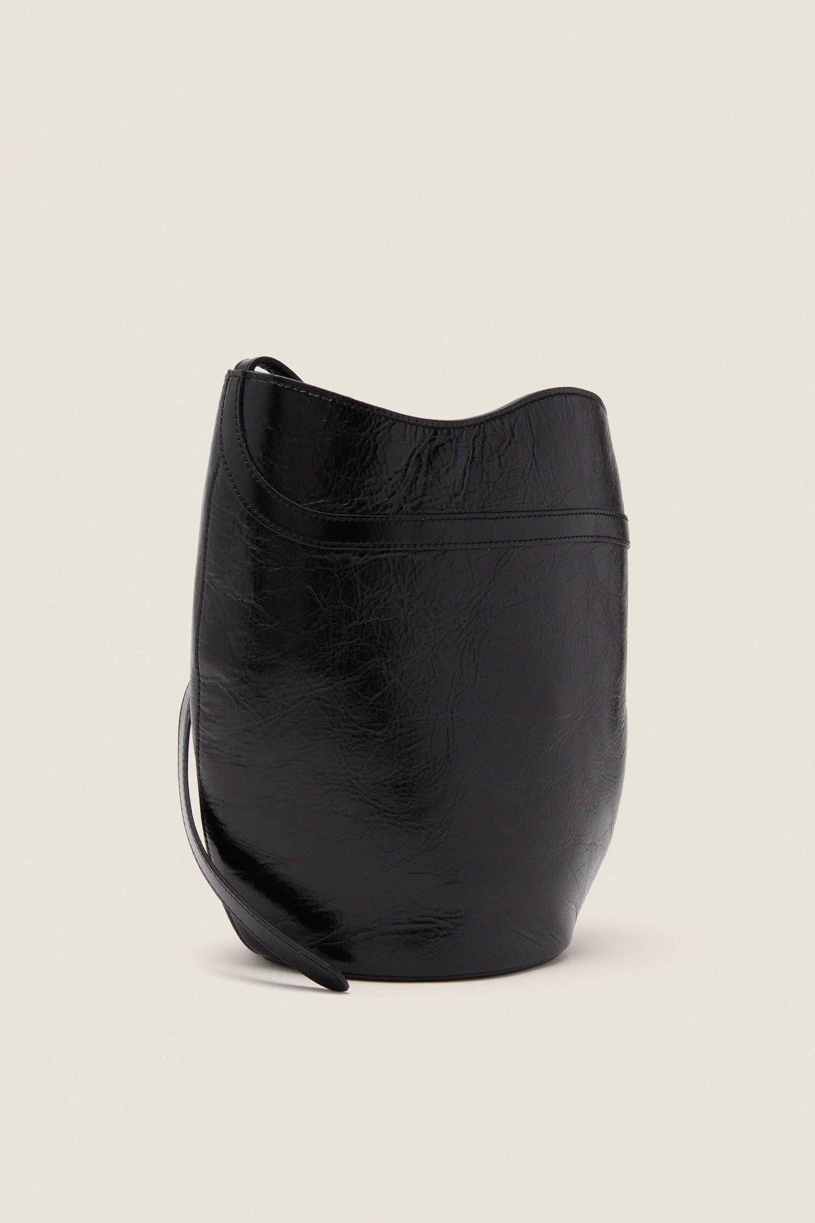 Black Glossy Belted Bucket Bag