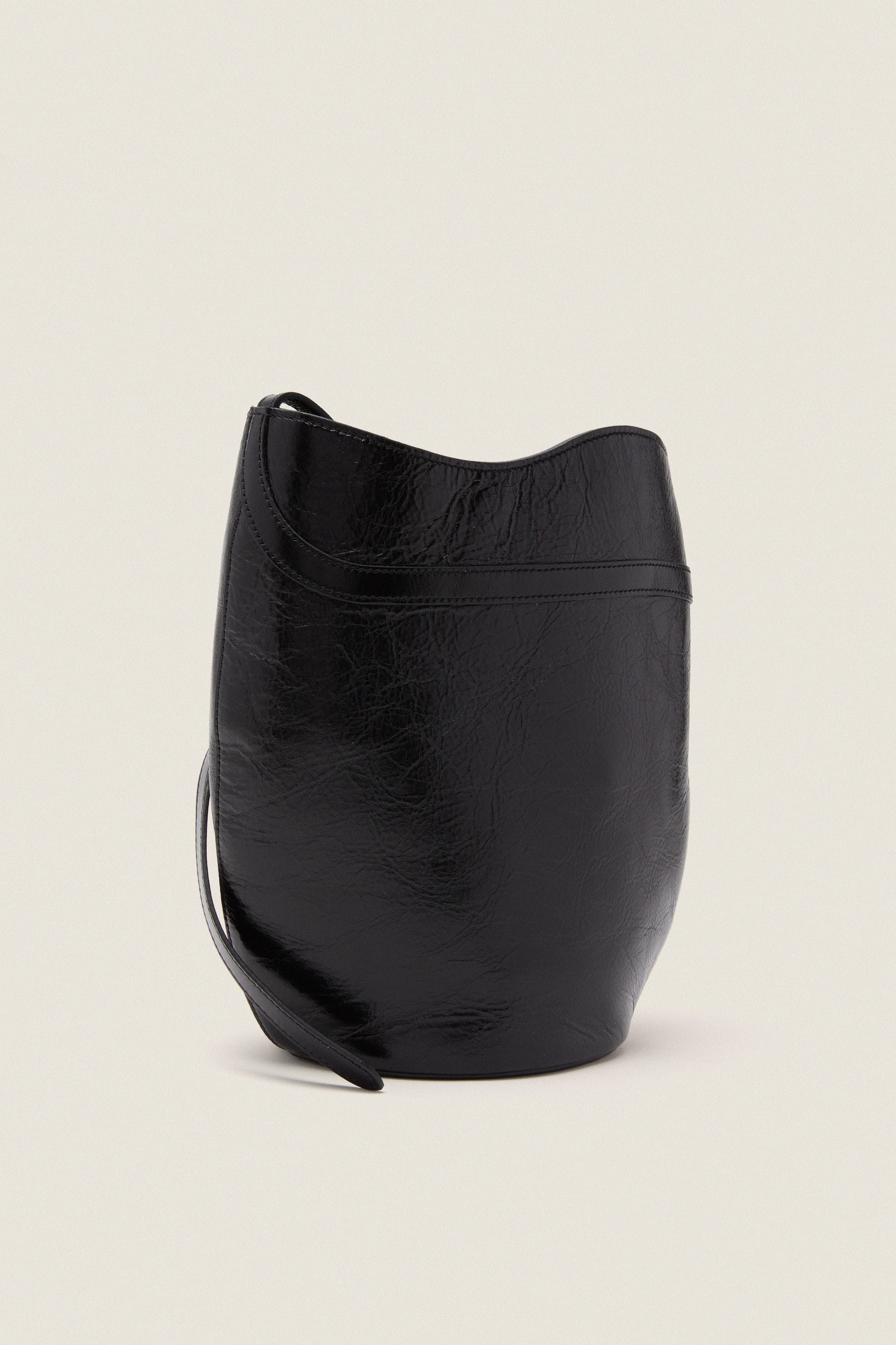 Black Glossy Belted Bucket Bag