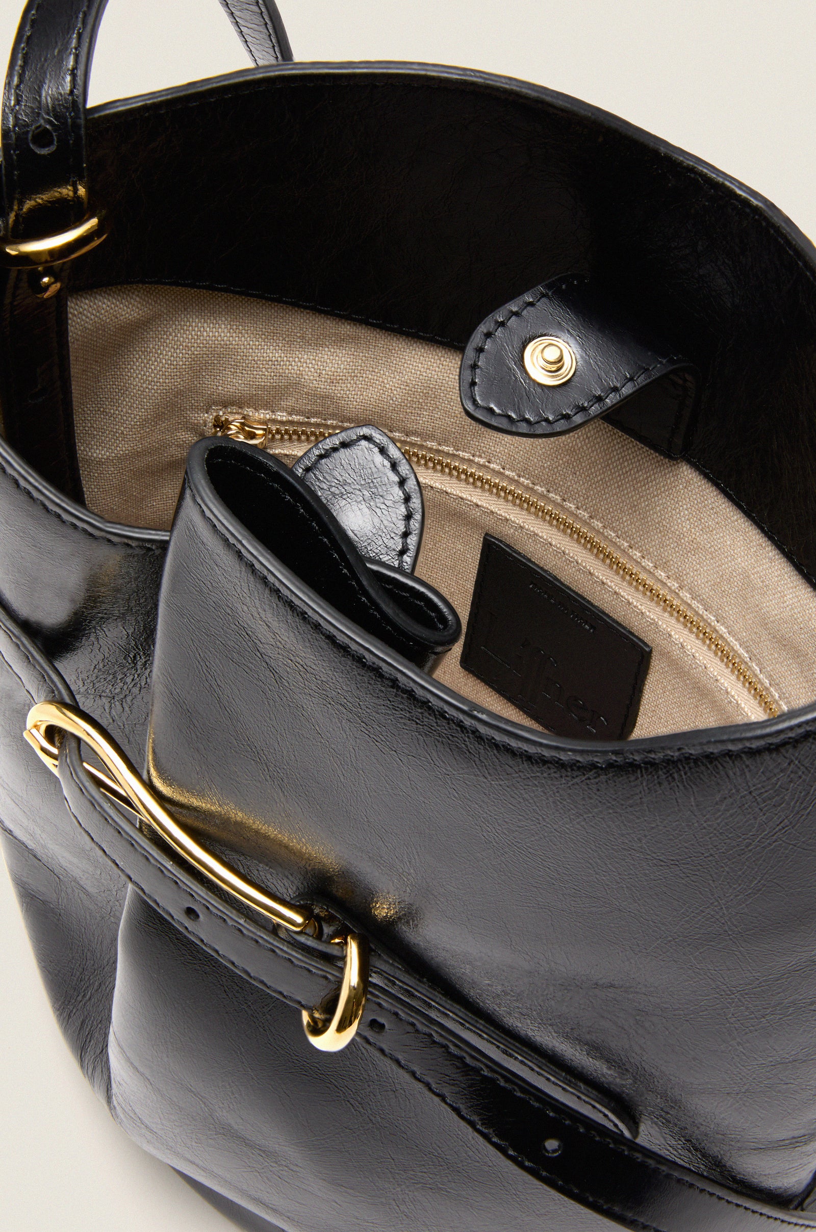 Black Glossy Belted Bucket Bag