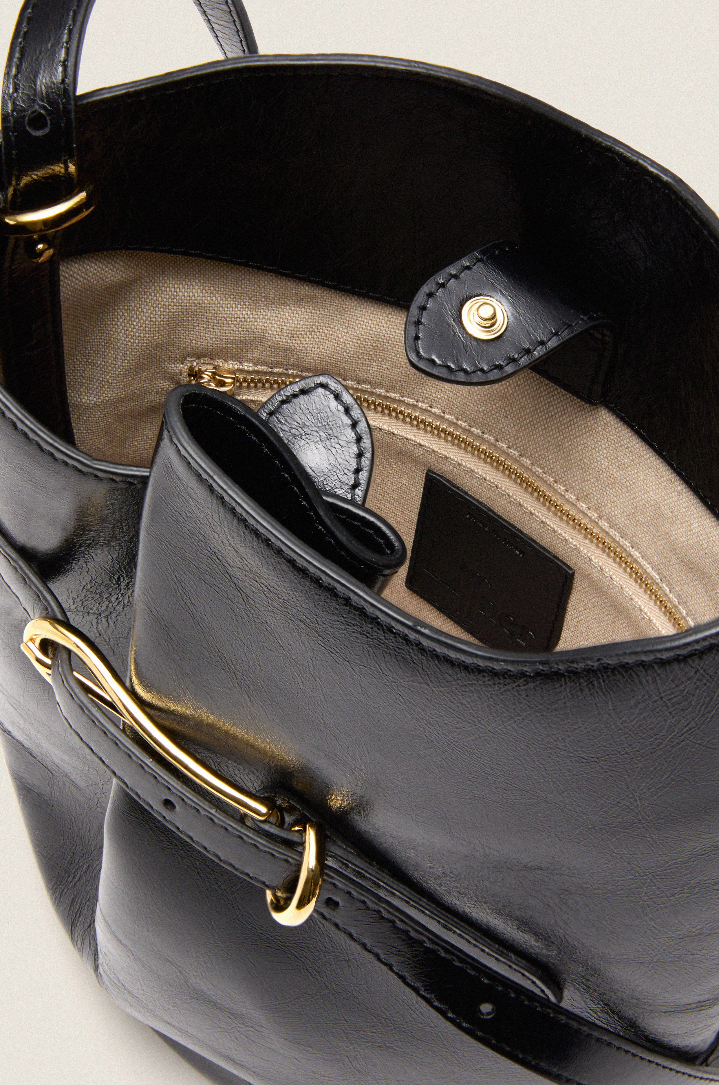 Black Glossy Belted Bucket Bag