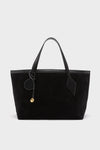 Black Suede Large Sprout Tote with classic suede texture, effortless black leather trim, and fun gold medallion charm, offering a high-end, roomy design for everyday use.