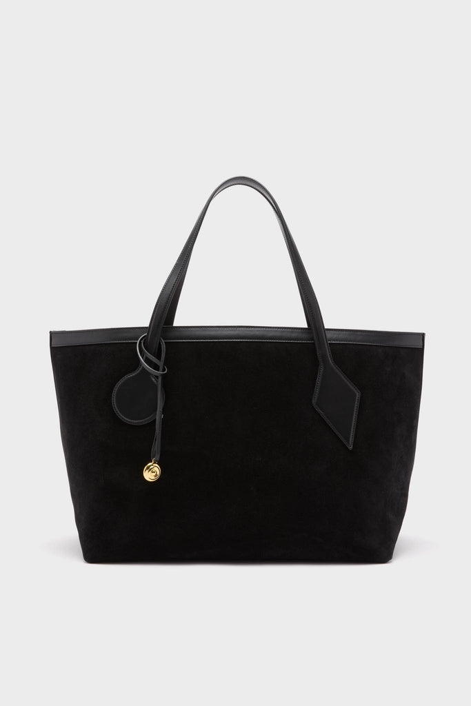 Black Suede Large Sprout Tote with classic suede texture, effortless black leather trim, and fun gold medallion charm, offering a high-end, roomy design for everyday use.