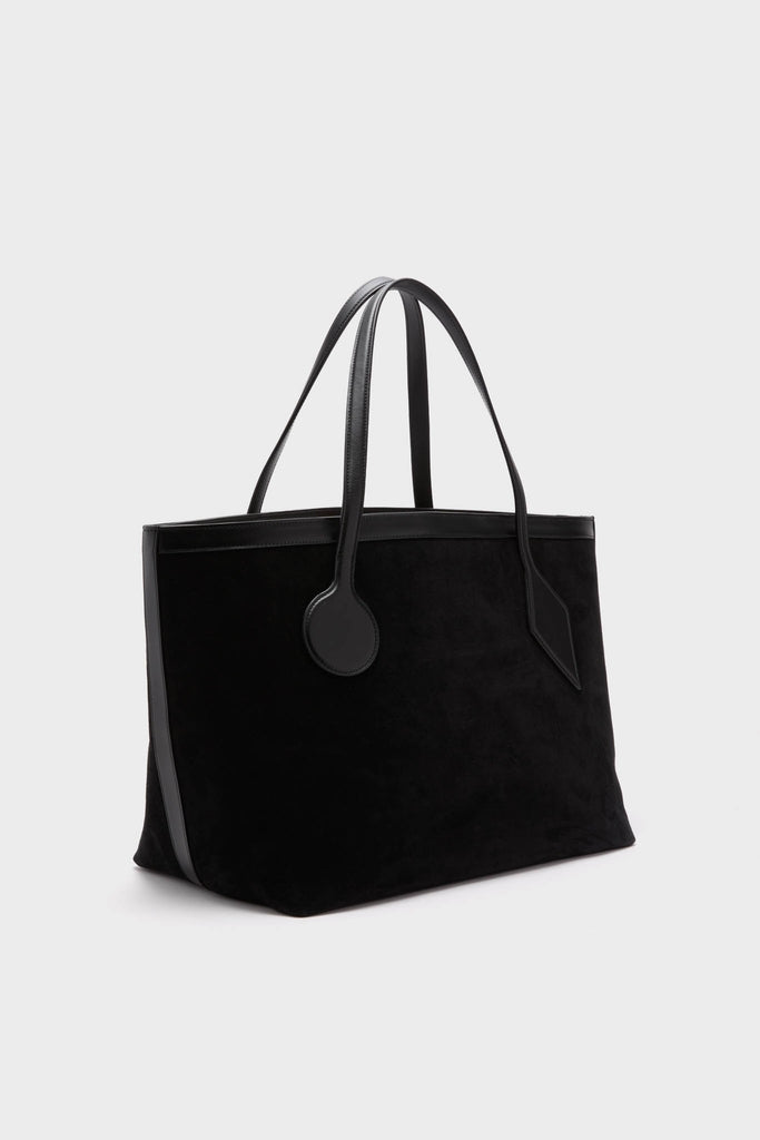 Black Suede Large Sprout Tote, a classic and high-end carryall with a suede body, leather trim, and long straps for an effortless, fun style.