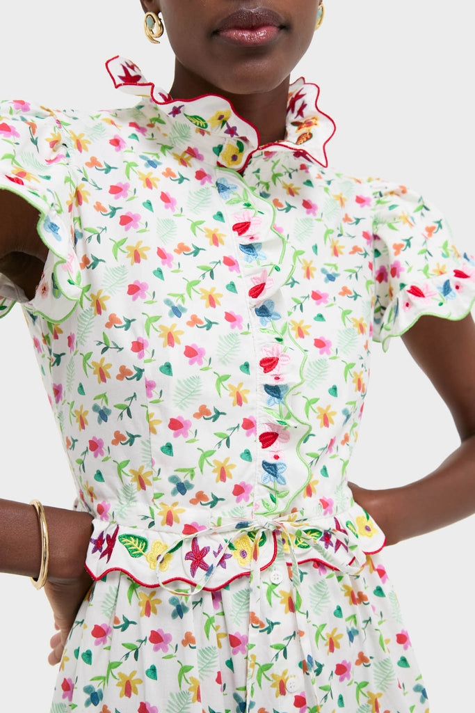 White Nebula Dress: Classic, effortless design with a cheerful floral print, ruffled collar, flutter sleeves, and a draw-string waist, perfect for a fun, high-end summer look.