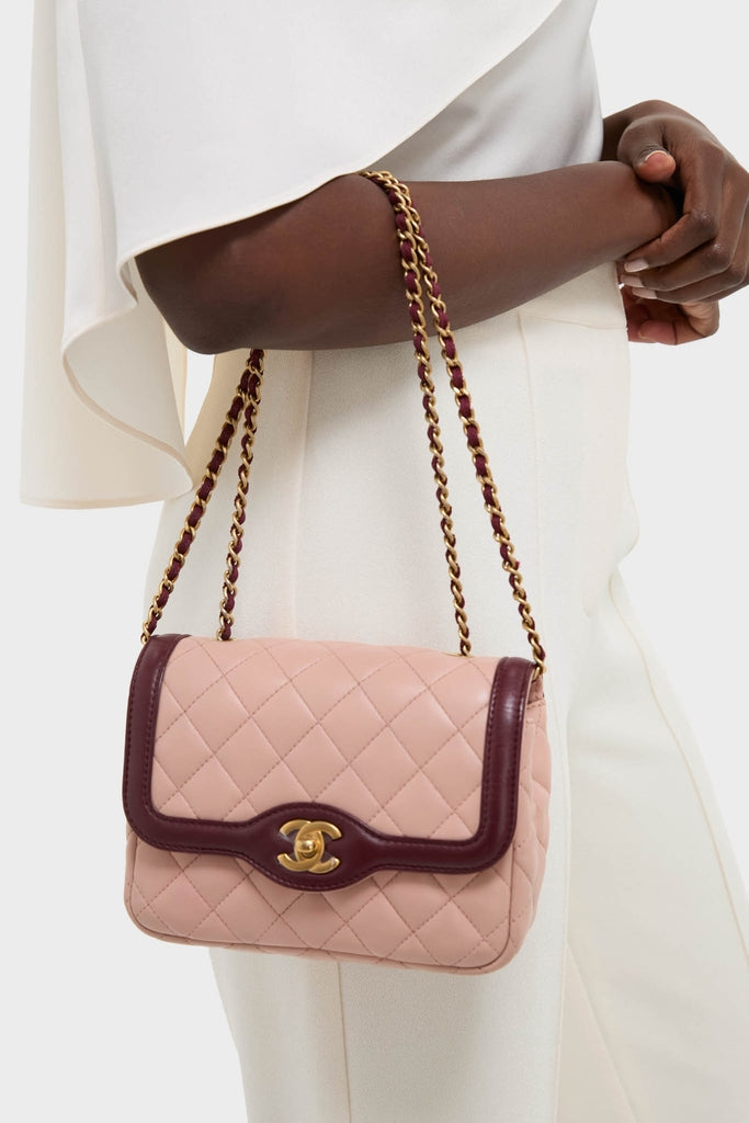 CHANEL Pink Lambskin Quilted Mini Two Tone Day Flap Shoulder Bag, featuring a classic gold chain-and-leather strap and twist-lock clasp. Effortlessly high-end and fun, perfect for confident style.