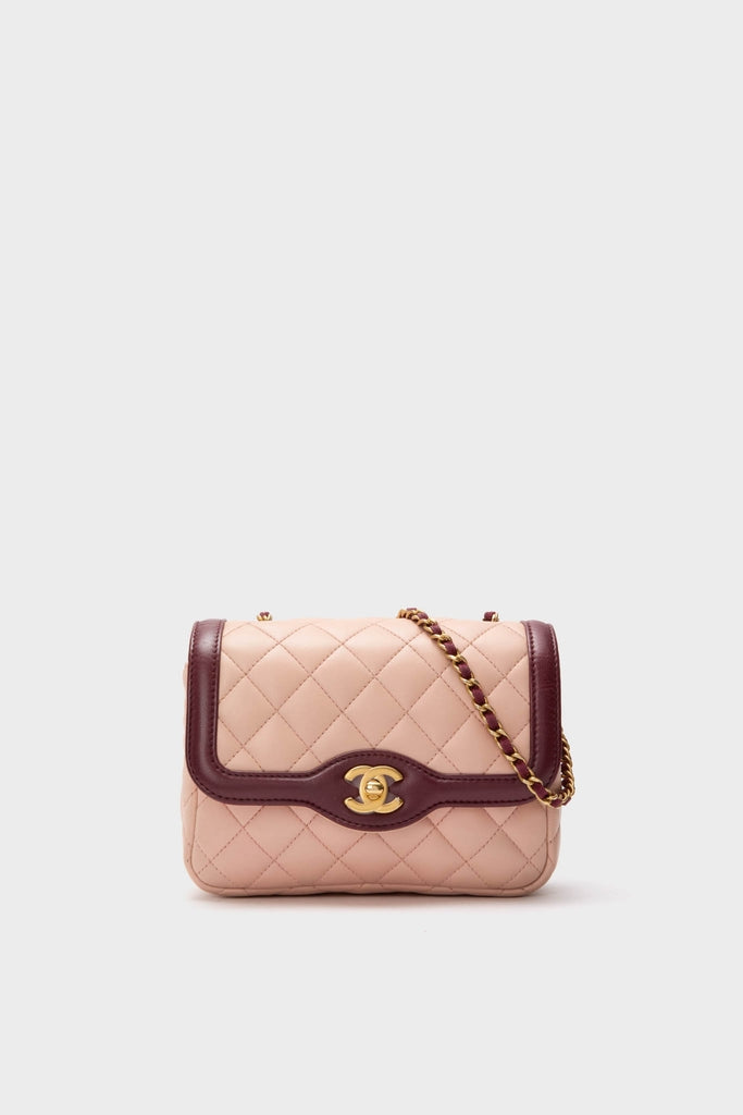 CHANEL Pink Lambskin Quilted Mini Two Tone Day Flap Shoulder Bag, featuring a classic interlocking CC clasp and gold-tone chain strap, exudes effortless, high-end style perfect for any fun occasion.
