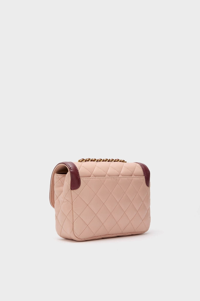 CHANEL Pink Lambskin Quilted Mini Two Tone Day Flap Shoulder Bag, featuring a classic diamond-stitch pattern, burgundy accents, and an effortless gold-tone chain strap for a high-end, fun style.