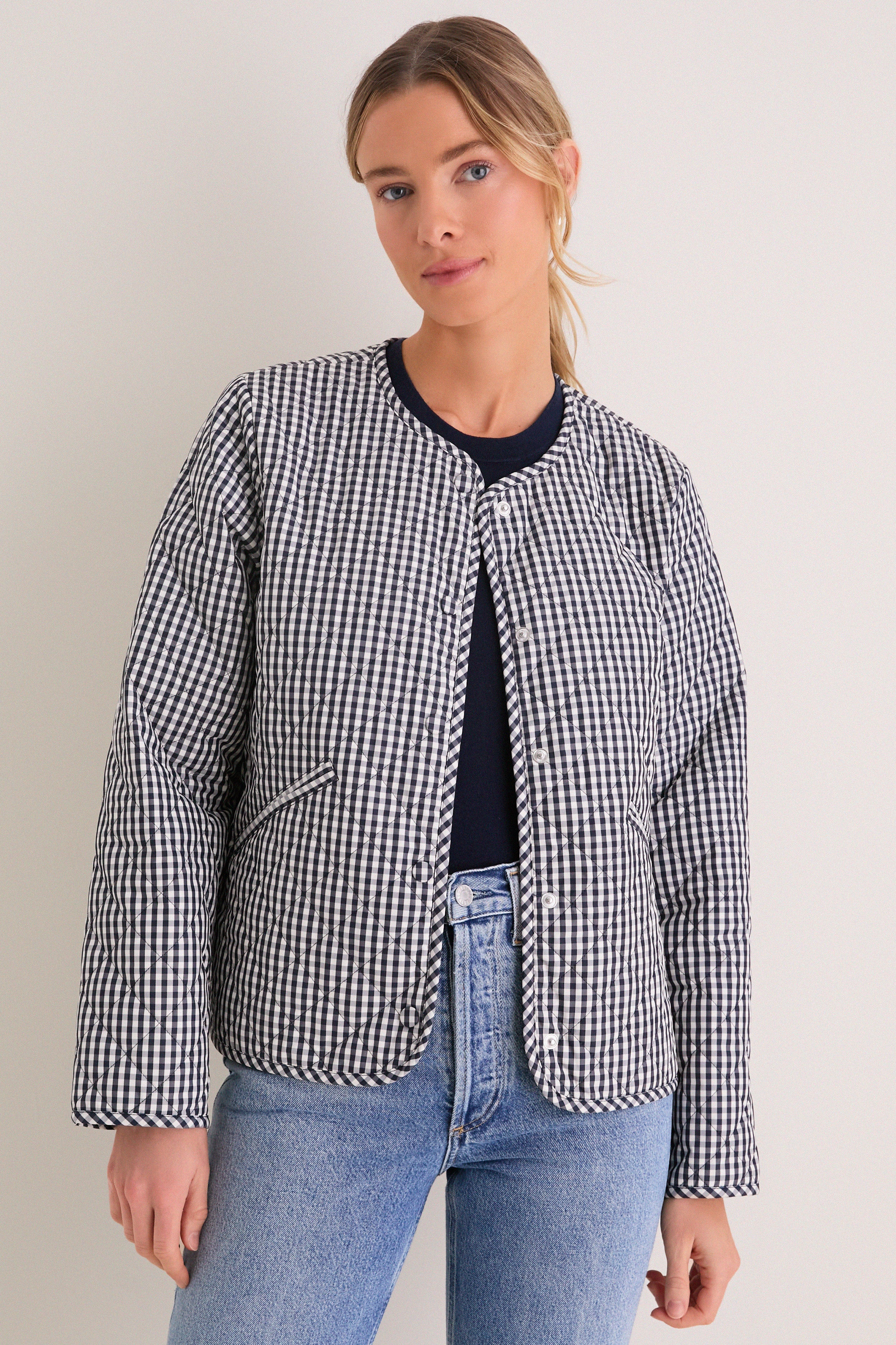 Navy Gingham Cashel Collarless Quilted Jacket