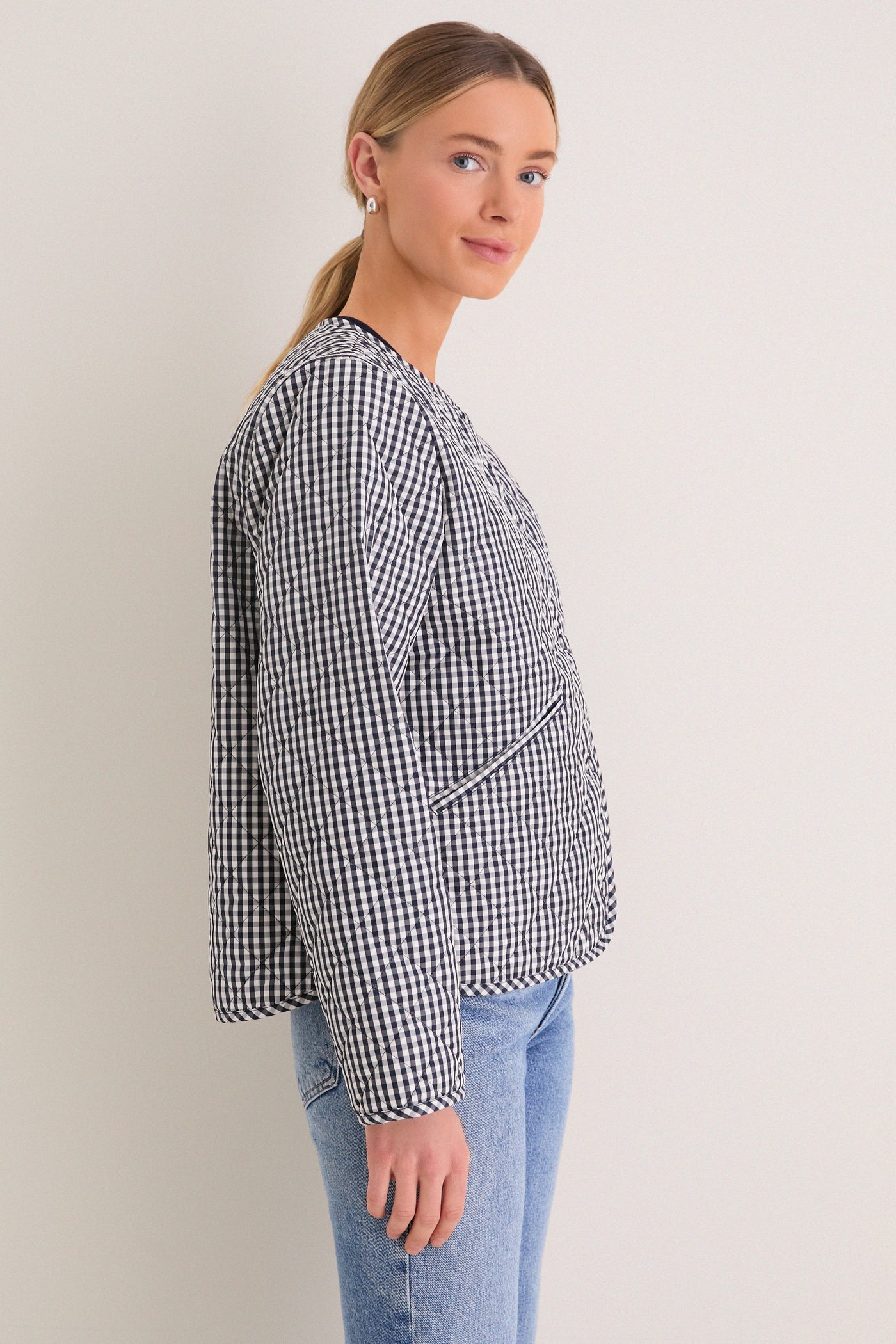 Navy Gingham Cashel Collarless Quilted Jacket
