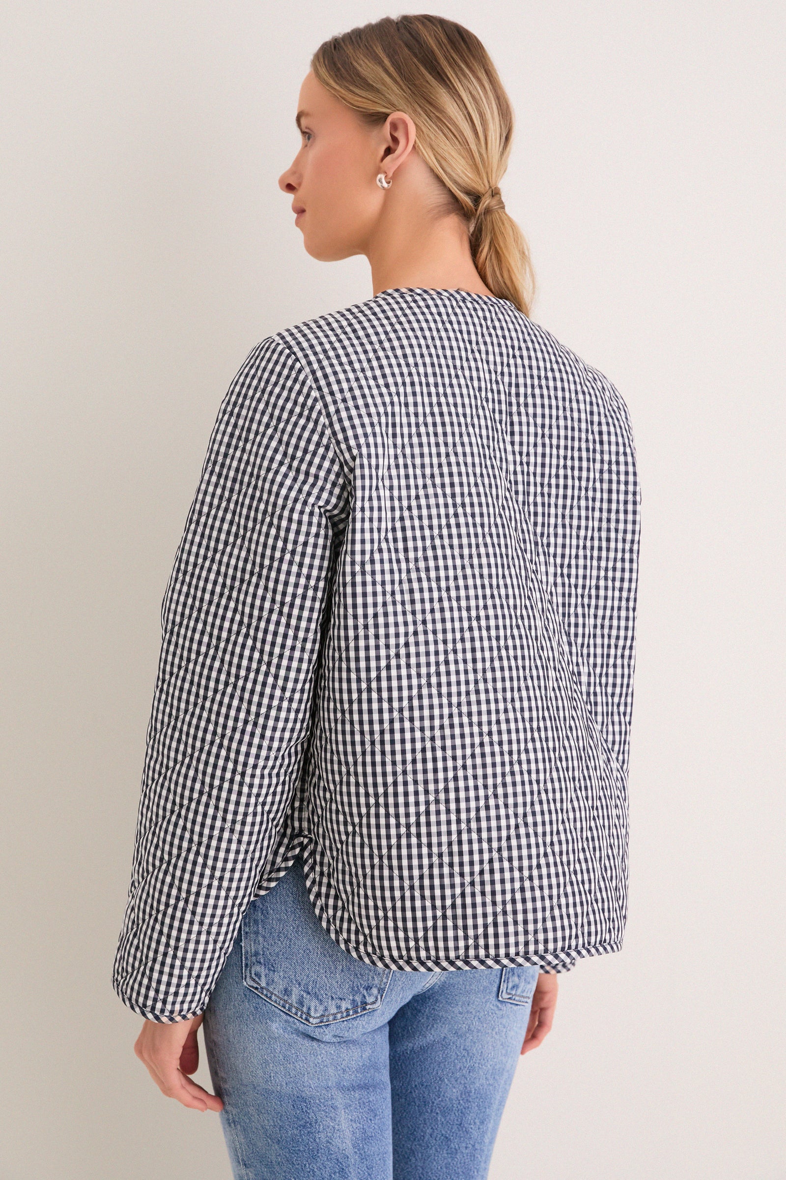 Navy Gingham Cashel Collarless Quilted Jacket
