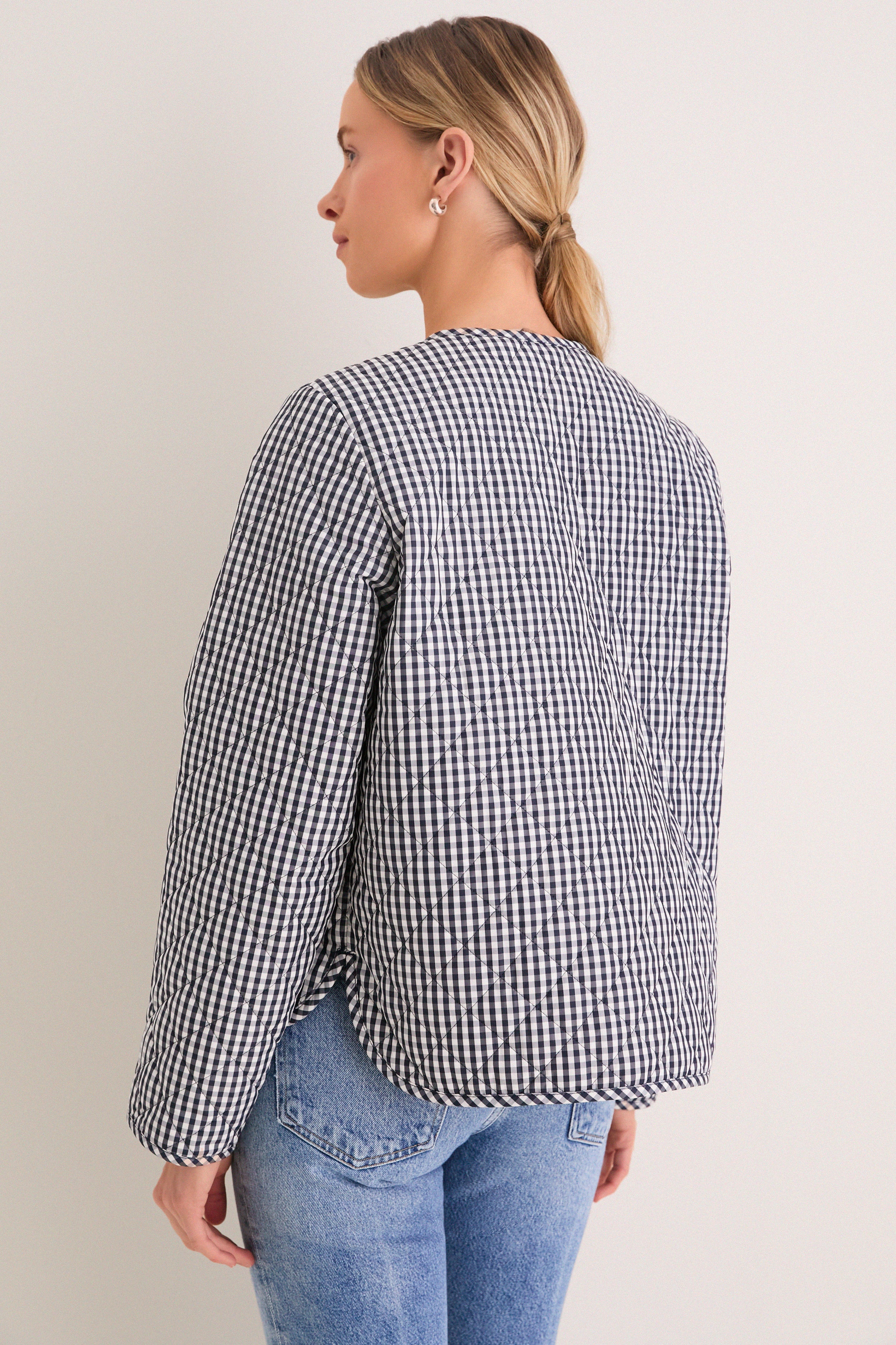 Navy Gingham Cashel Collarless Quilted Jacket