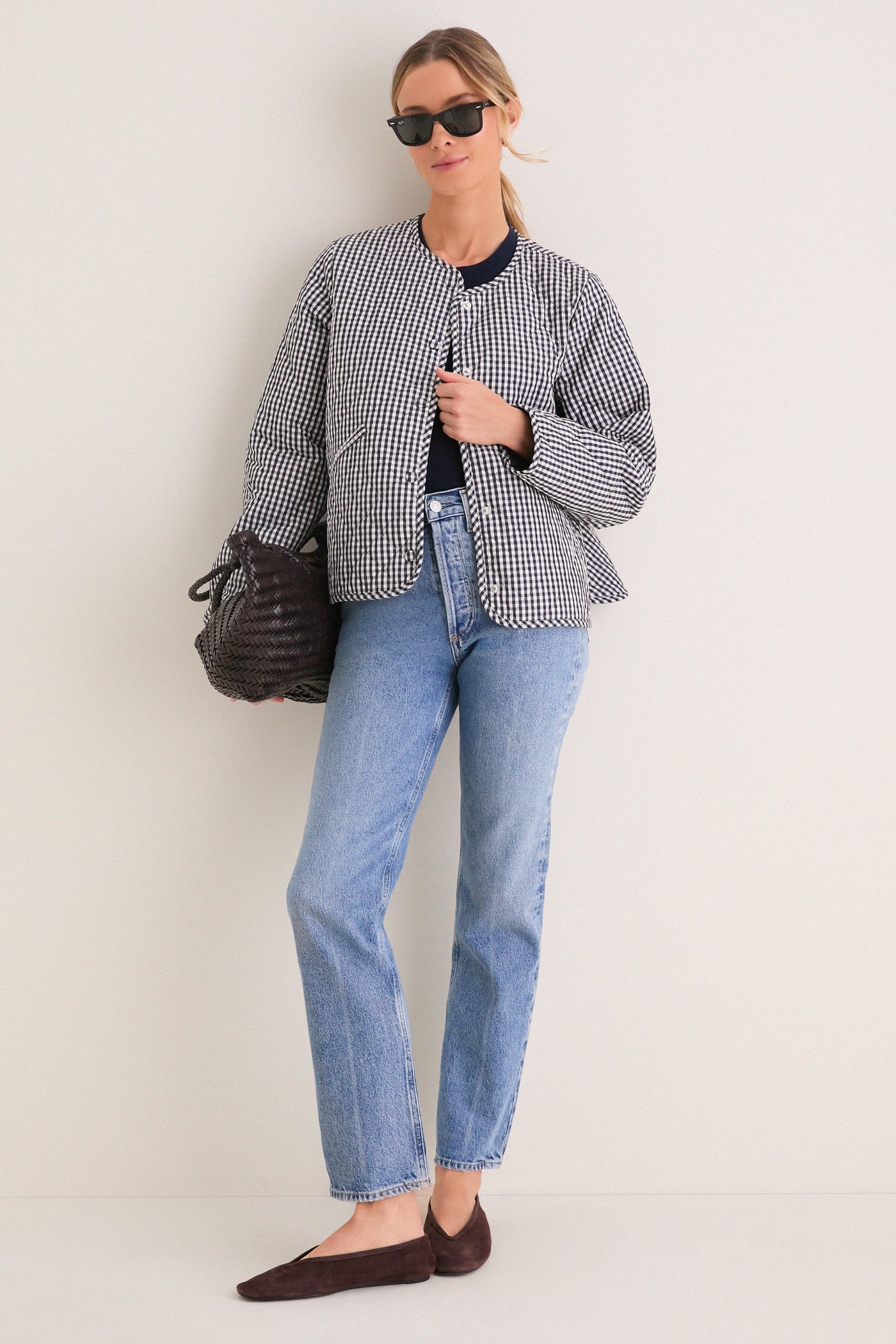Navy Gingham Cashel Collarless Quilted Jacket