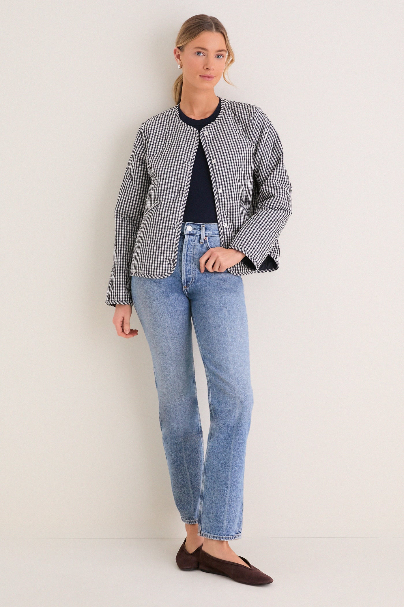 Navy Gingham Cashel Collarless Quilted Jacket