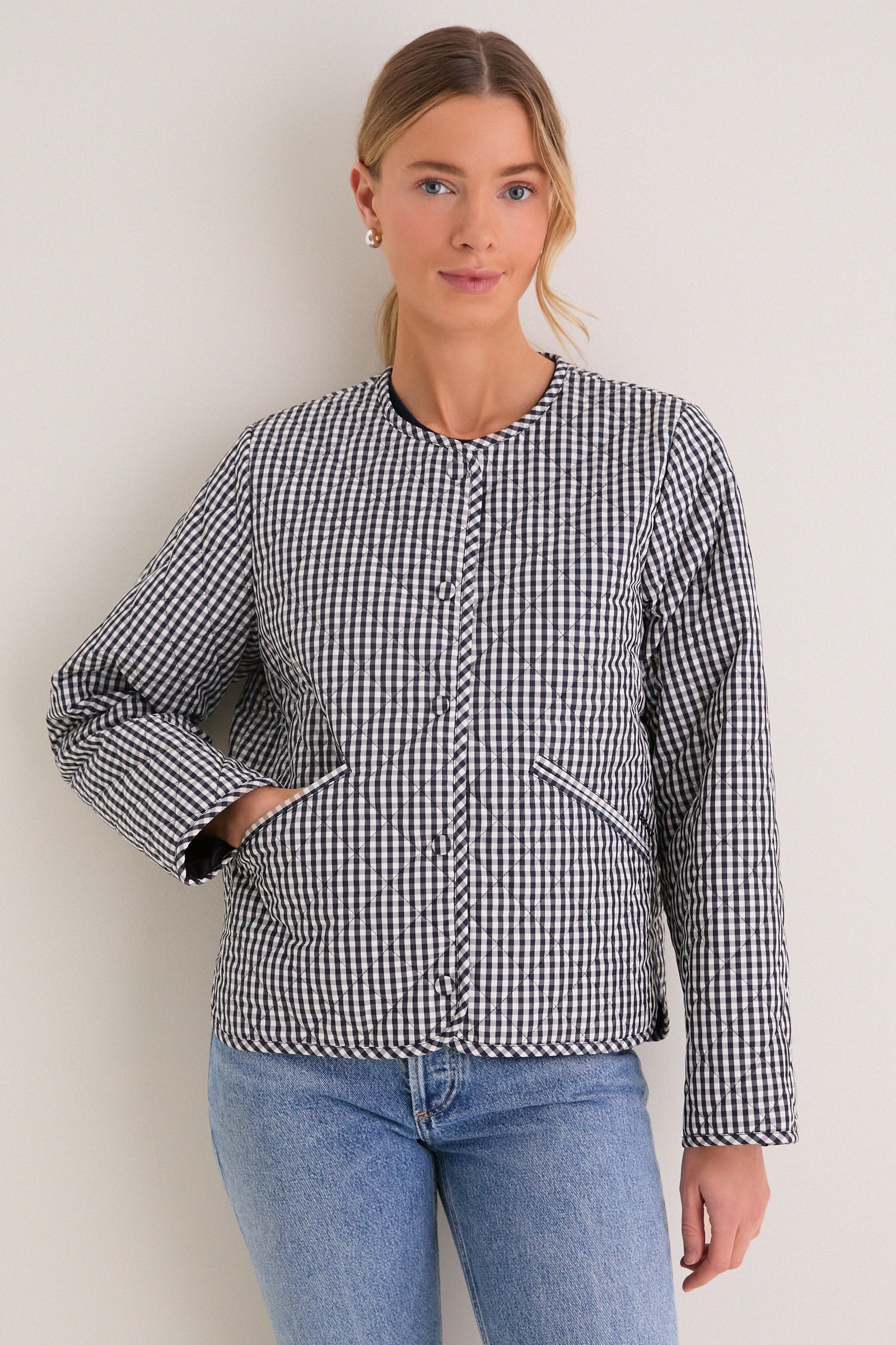 Navy Gingham Cashel Collarless Quilted Jacket