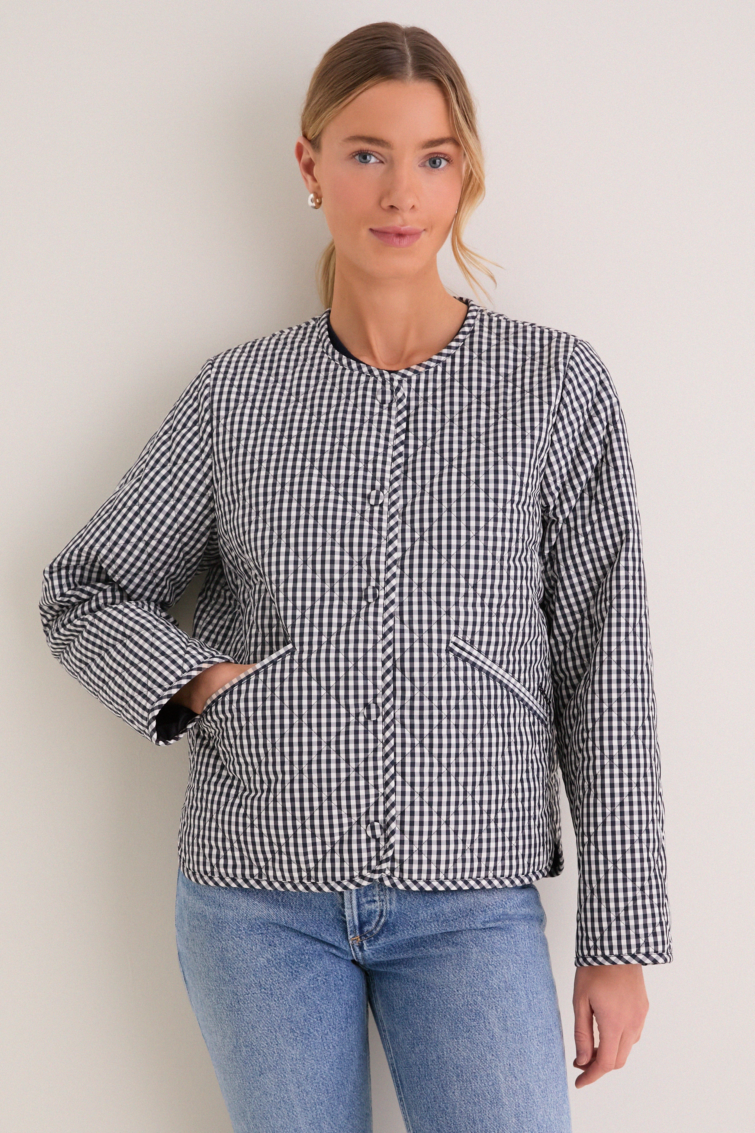 Navy Gingham Cashel Collarless Quilted Jacket