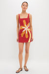 Cattleya Carmin Siela Dress: Effortless and fun, this classic deep red mini dress features a square neckline and bold flower motif, perfect for a high-end resort look.