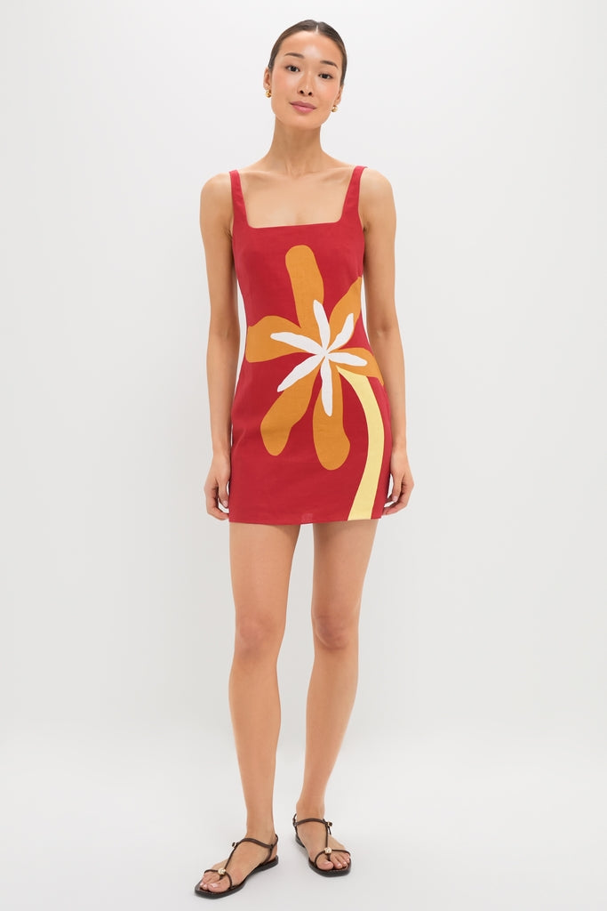 Cattleya Carmin Siela Dress: Effortless and fun, this classic deep red mini dress features a square neckline and bold flower motif, perfect for a high-end resort look.