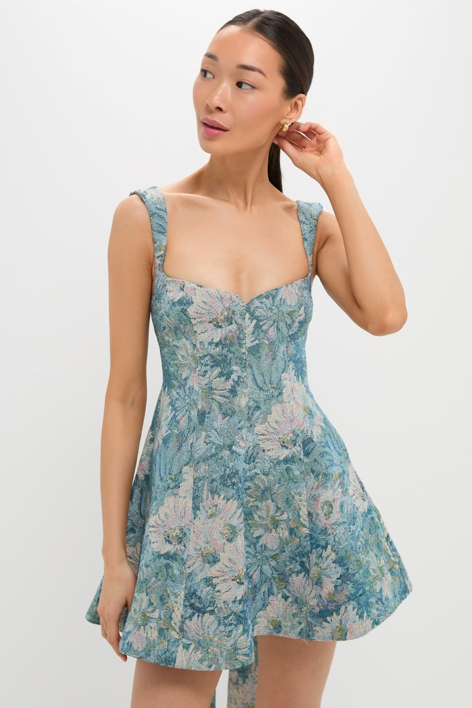 Aquarelle Jacquard Rue Mini Dress: A classic and high-end sleeveless dress with an effortless flared skirt, sweetheart neckline, and optional fun neck scarf for versatile styling.