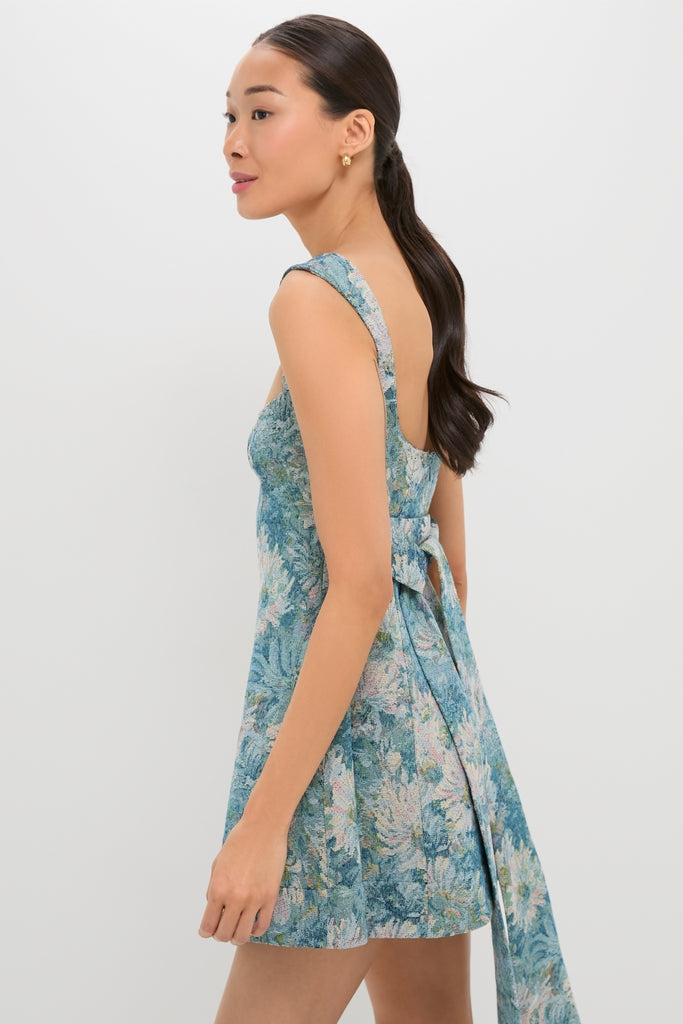 Aquarelle Jacquard Rue Mini Dress: A classic, effortless mini dress with a square neckline, scooped back, and removable neck scarf, perfect for a high-end, fun look.