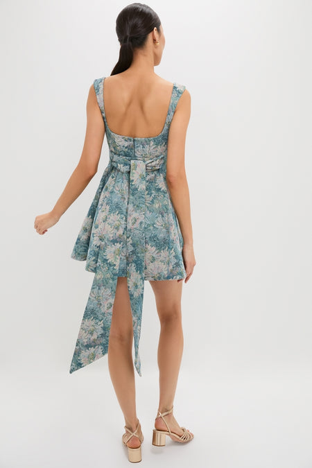 Aquarelle Jacquard Rue Mini Dress in muted teal-green, featuring a classic, sleeveless design, low back, and fabric belt. Effortless, fun, and high-end style.