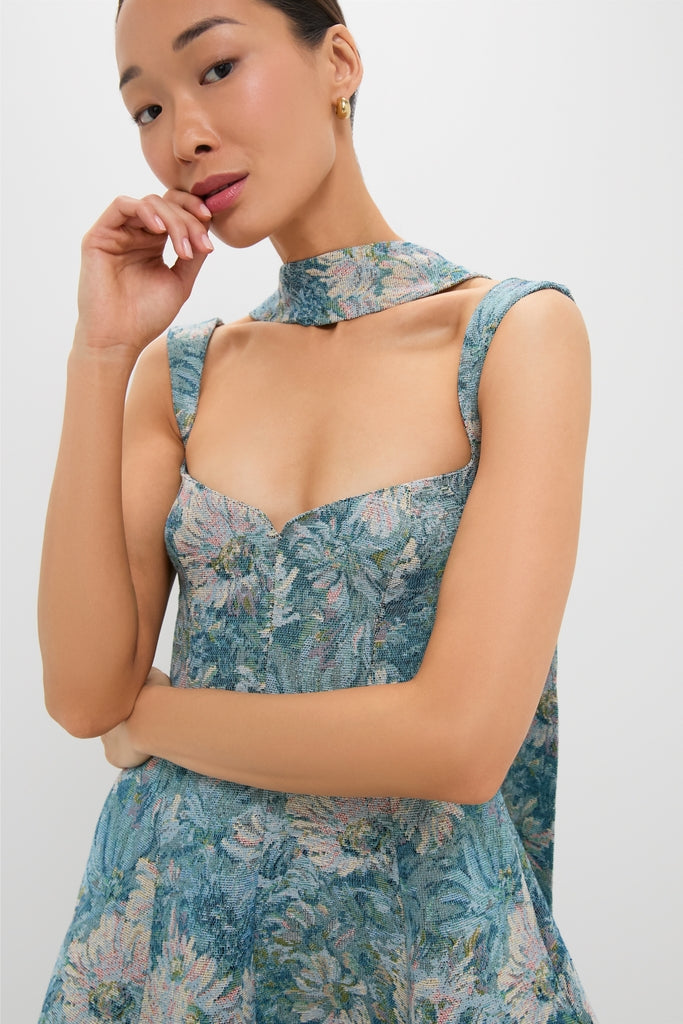 Aquarelle Jacquard Rue Mini Dress: A young woman models this classic, effortless high-end dress with a floral tapestry print, square neckline, and matching choker, embodying fun elegance.