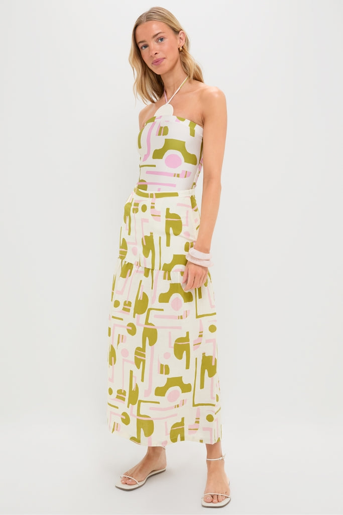 Off-White Balearic Midi Skirt: a classic, high-end, two-piece set with geometric print, featuring an effortless strapless bandeau and fun ankle-length skirt by Adriana Degreas.