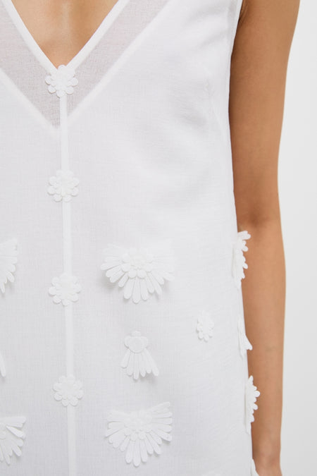 Off White Aria Embroidery Midi Dress: A classic, sleeveless V-neck garment with effortless three-dimensional floral appliqués, offering a fun and high-end style.
