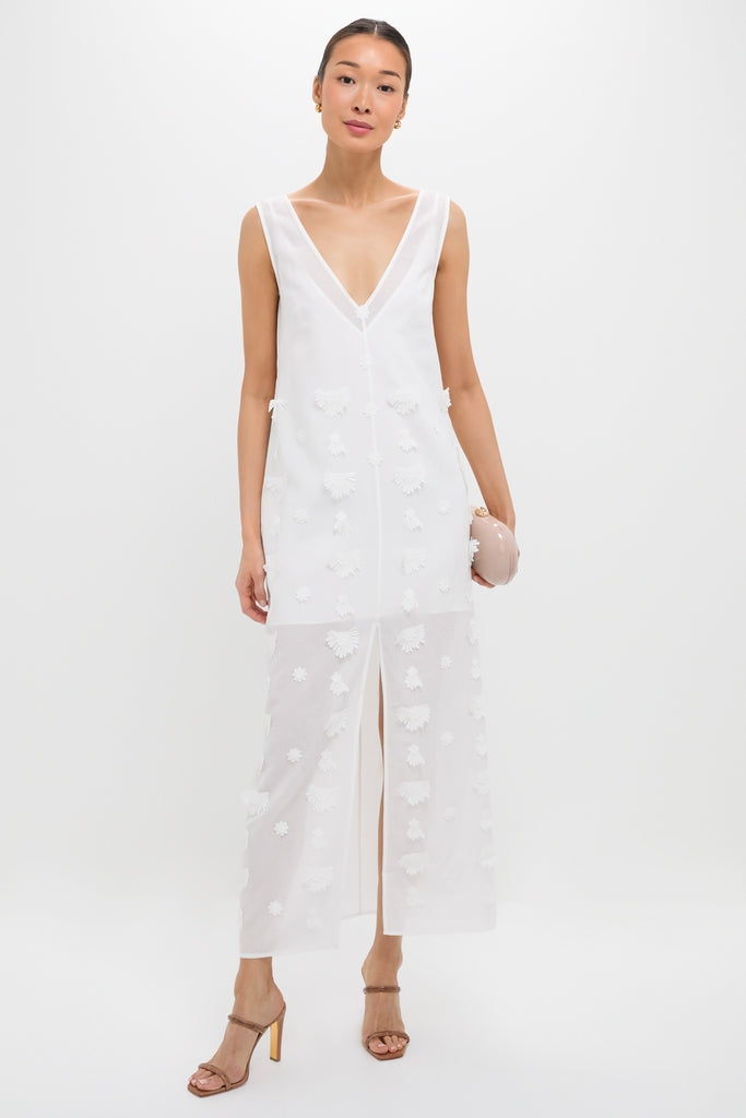 Model wearing the classic Off White Aria Embroidery Midi Dress with a deep V-neck and floral appliqués, paired with a nude clutch and strappy heels for an effortless, high-end look.