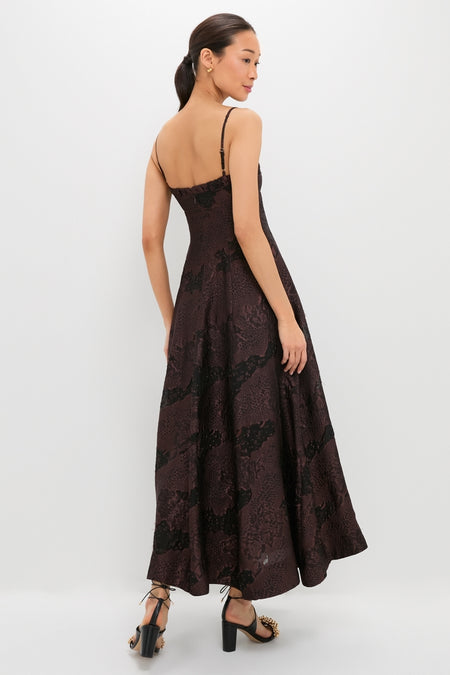 Model in the Arabica Jacquard Theron Midi Dress, showcasing its classic, high-end style with an effortless fit and fun A-line skirt, paired with chic block-heel sandals.