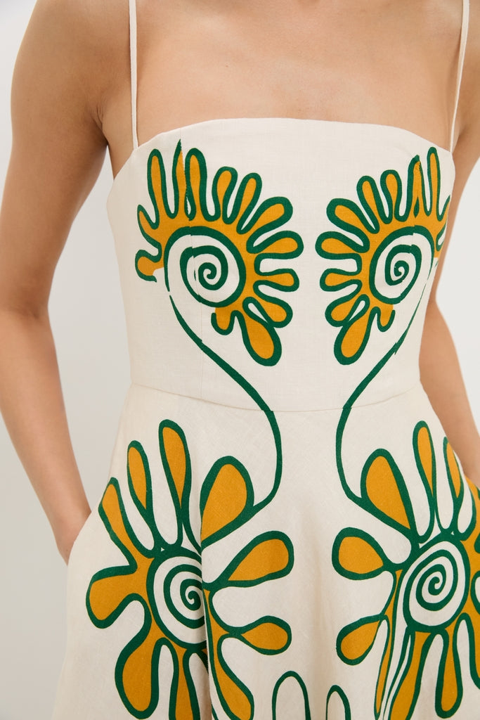 Namur Ivory Delta Dress features a sleeveless, spaghetti-strap design with bold abstract floral patterns, exuding a classic, effortless appeal with a touch of high-end fun.