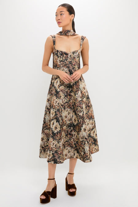 Mirelle Jacquard Zinnia Midi Dress exudes effortless elegance with its classic floral tapestry print, chic neckline, and removable scarf, perfect for a fun, high-end night out.