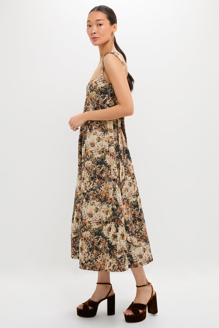 Woman in profile wearing the classic Mirelle Jacquard Zinnia Midi Dress with a chic square neckline, scooped low back, and chunky-heeled sandals, embodying effortless and high-end style.