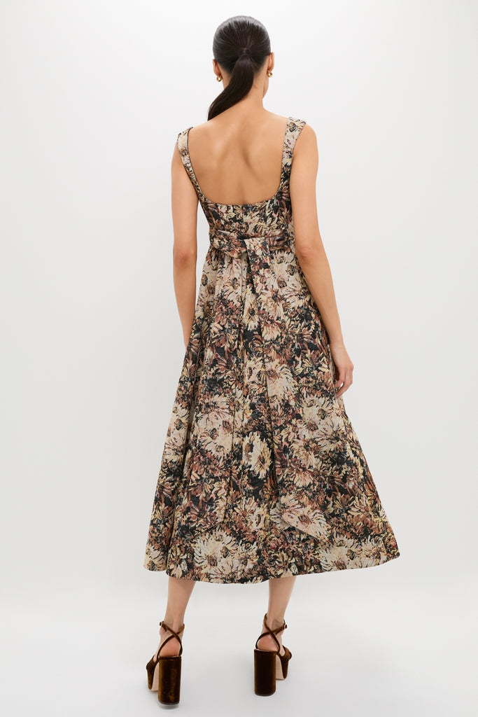 Model showcasing the Mirelle Jacquard Zinnia Midi Dress with a classic low scoop back and waist sash, paired with high-end velvet platform sandals for an effortless, fun look.