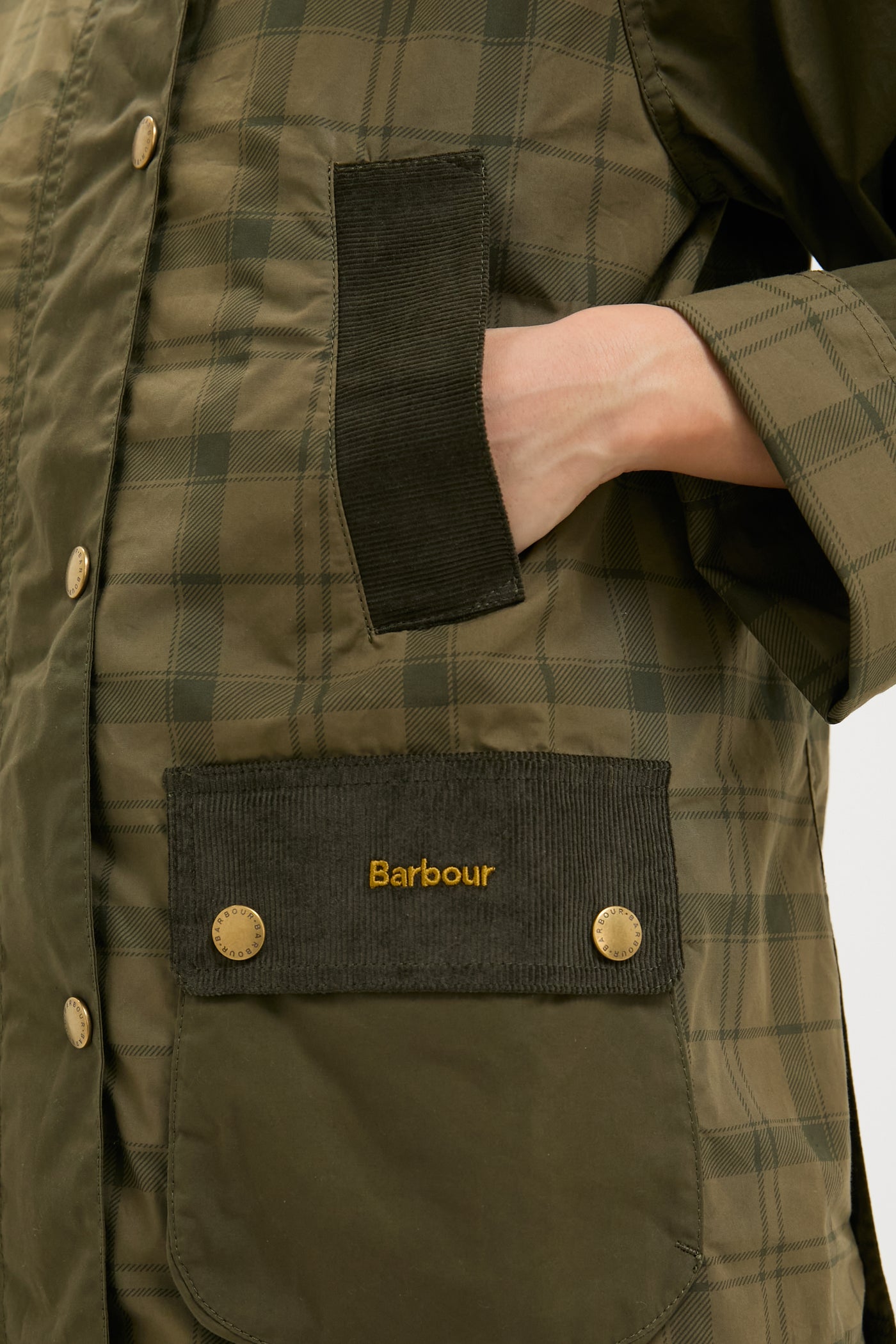 Dusky Green Modern Tartan Beadnell Casual Jacket with corduroy trim and brass fasteners. Effortlessly classic and high-end, perfect for a fun, confident style.
