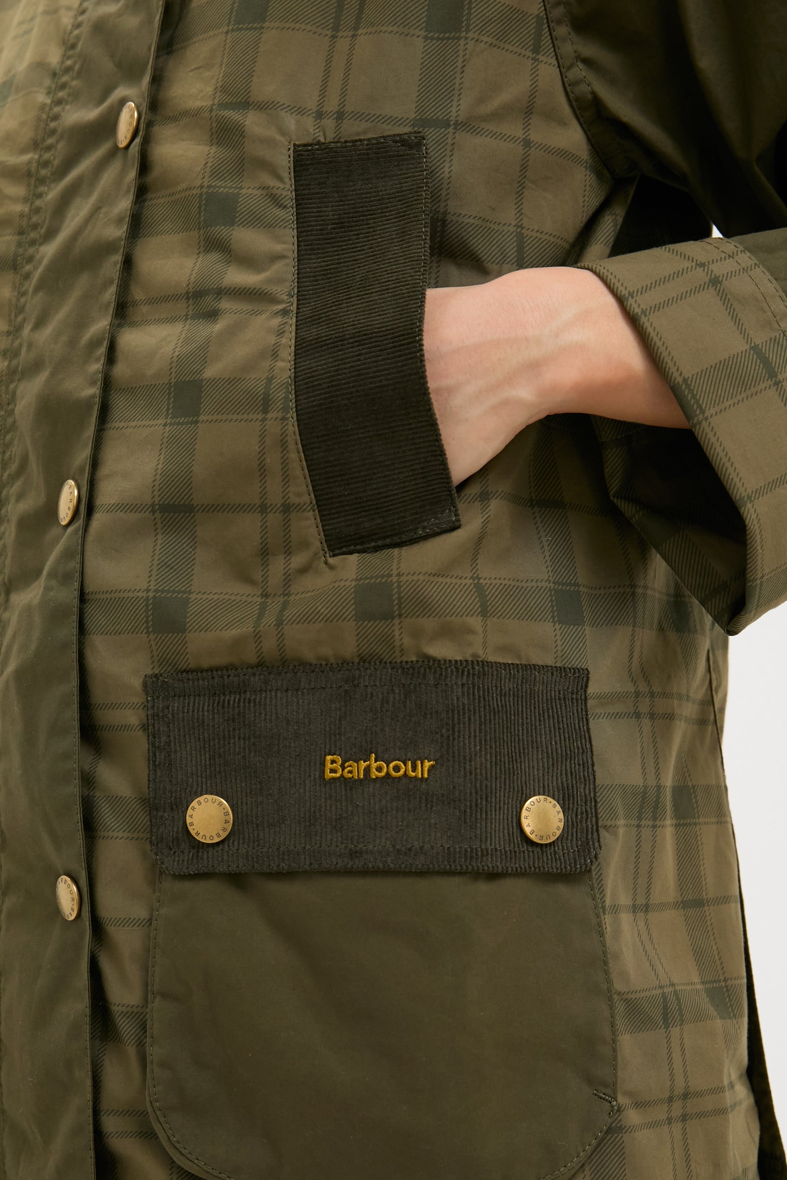 Dusky Green Modern Tartan Beadnell Casual Jacket with corduroy trim and brass fasteners. Effortlessly classic and high-end, perfect for a fun, confident style.