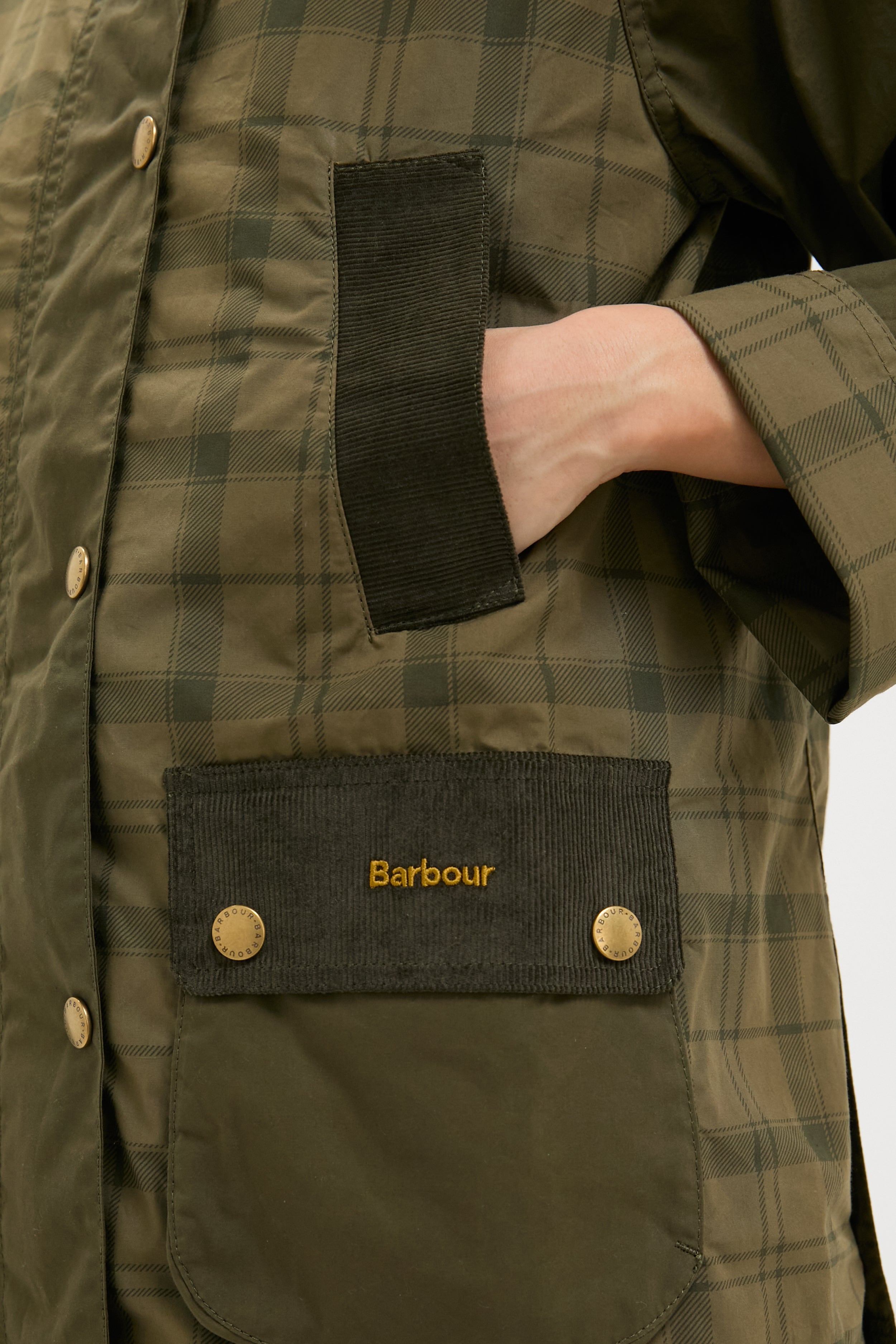 Dusky Green Modern Tartan Beadnell Casual Jacket with corduroy trim and brass fasteners. Effortlessly classic and high-end, perfect for a fun, confident style.