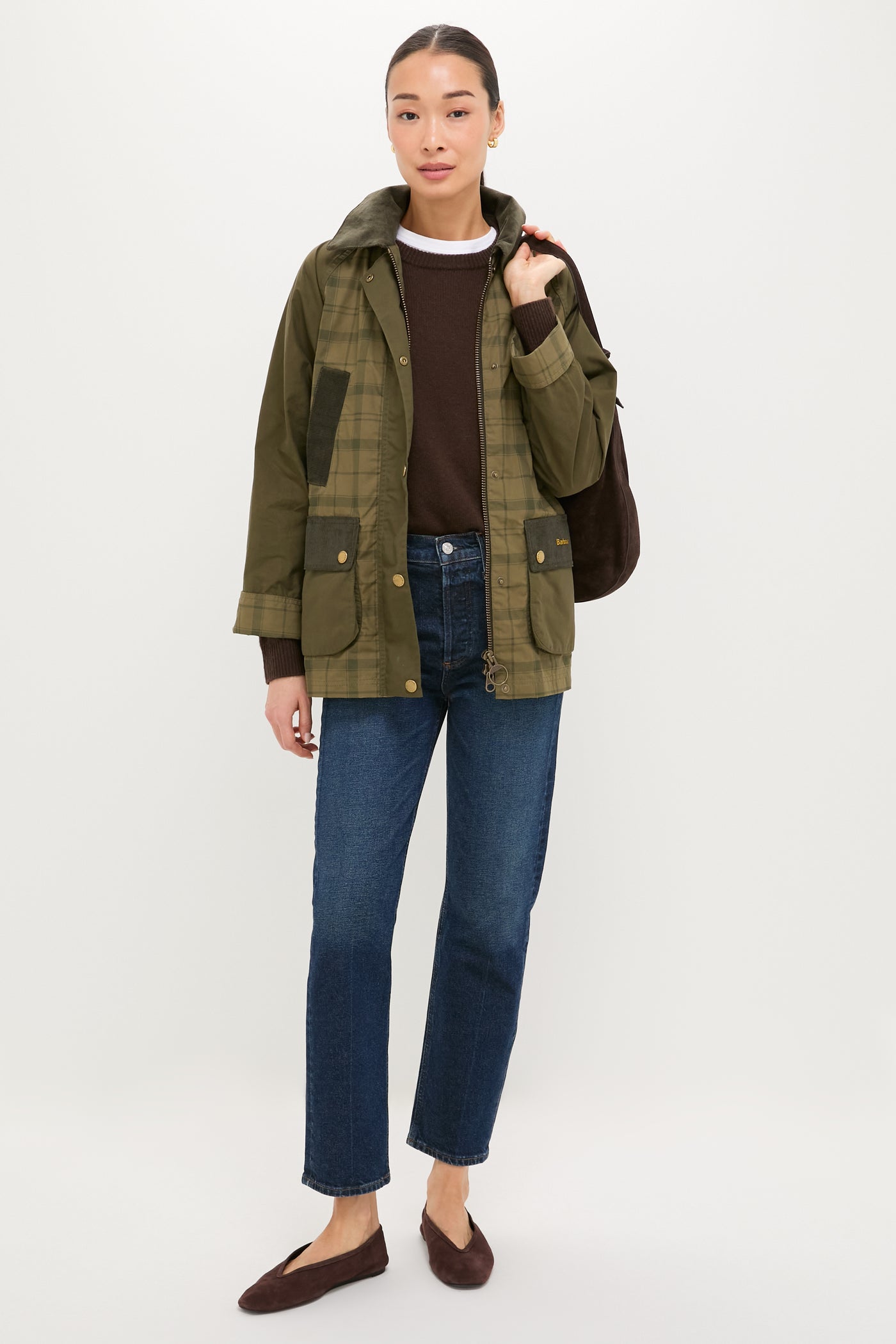 Woman wearing Dusky Green Modern Tartan Beadnell Casual Jacket, showcasing classic utility style with plaid accents, corduroy collar, and a relaxed fit for effortless, high-end fall fashion.